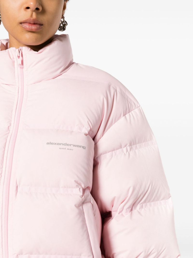 Pink Logo Print Cropped Puffer Jacket