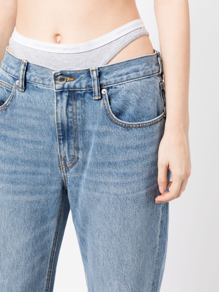 Blue Thong-strap Straight Leg Jeans
