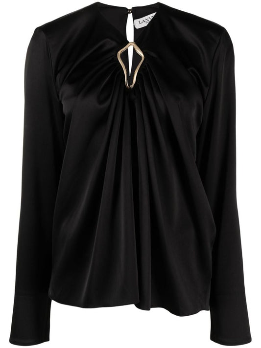 Black Eyelet Draped Satin Blouse