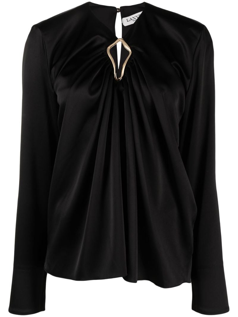 Black Eyelet Draped Satin Blouse