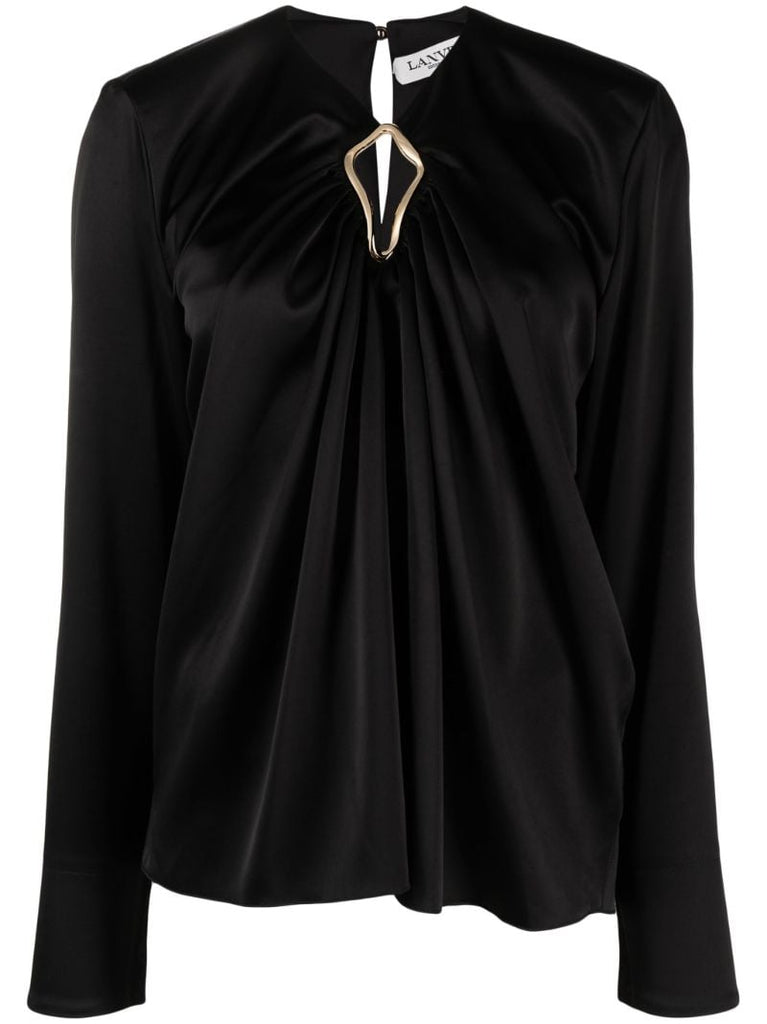 Black Eyelet Draped Satin Blouse