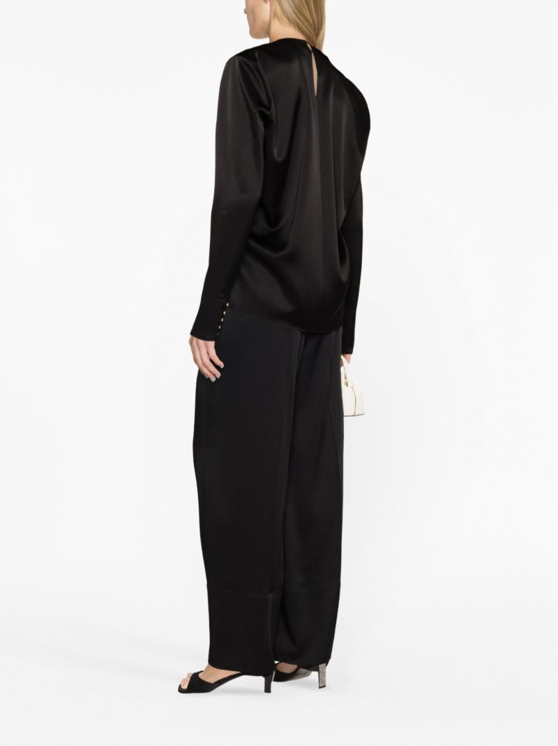 Black Eyelet Draped Satin Blouse