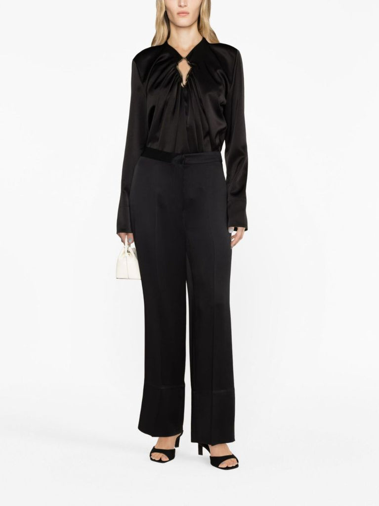 Black Eyelet Draped Satin Blouse