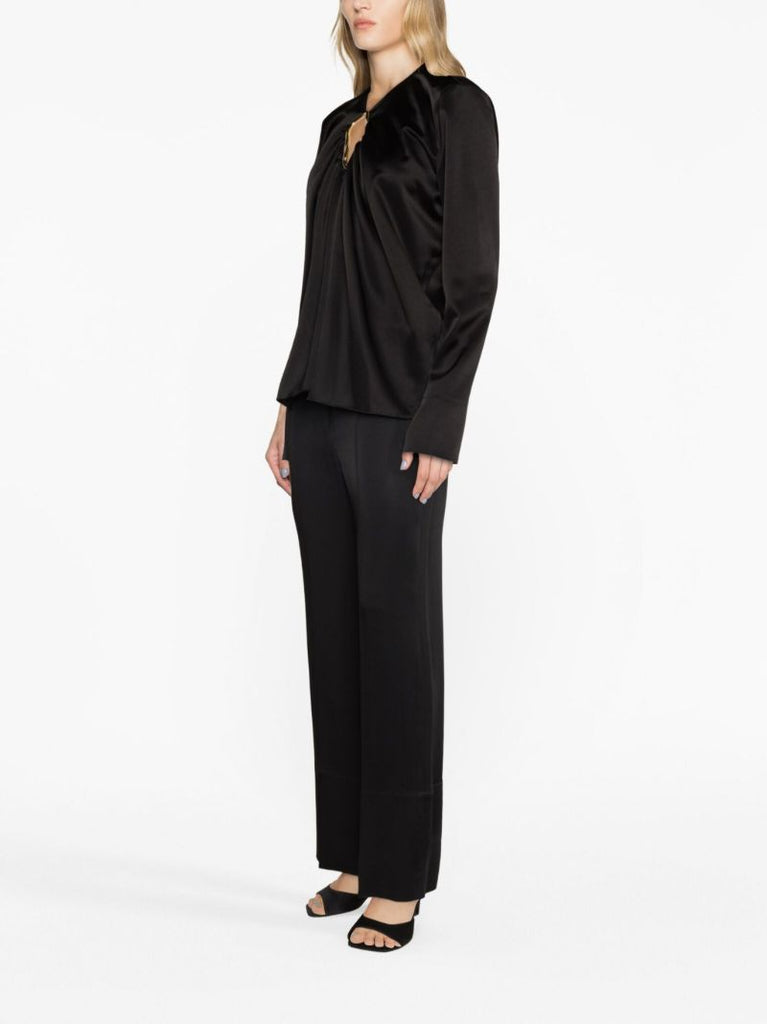 Black Eyelet Draped Satin Blouse