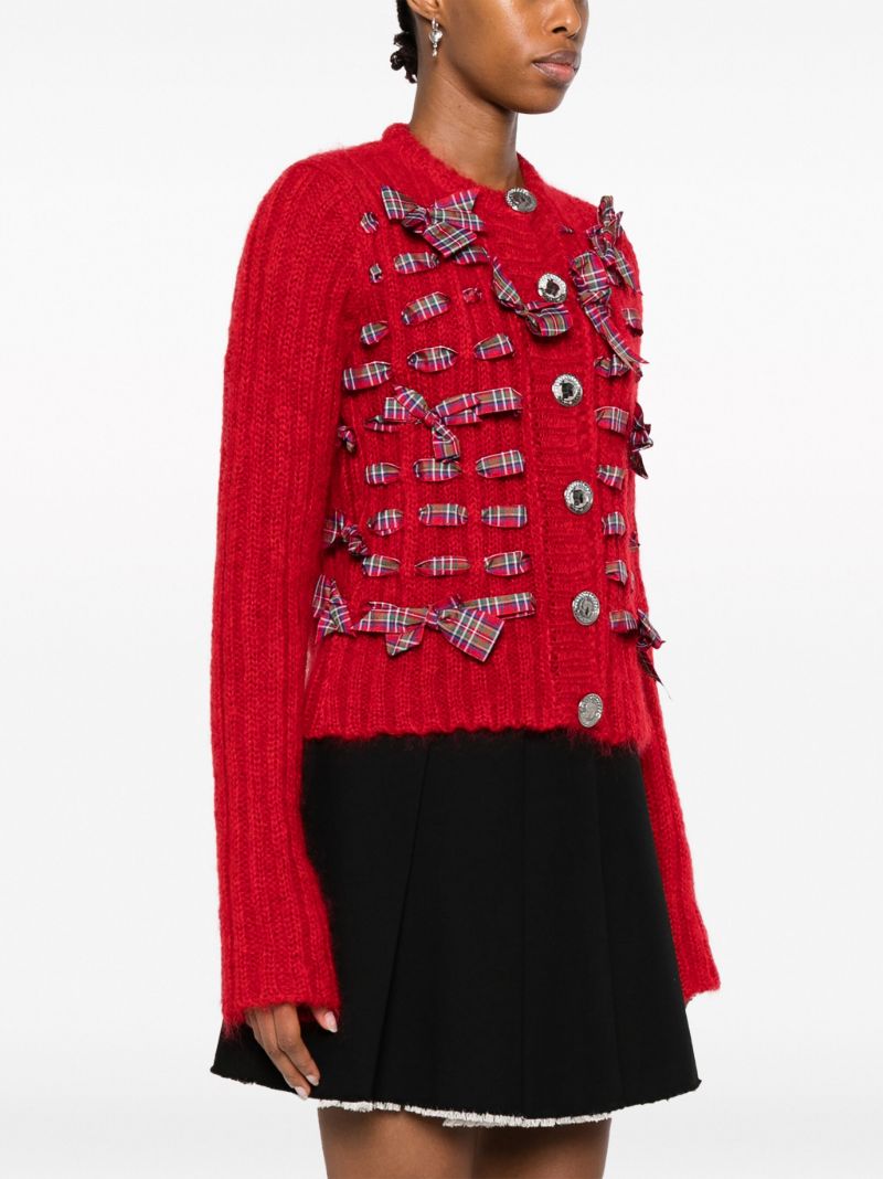 Red Bow-detailing Ribbed Cardigan
