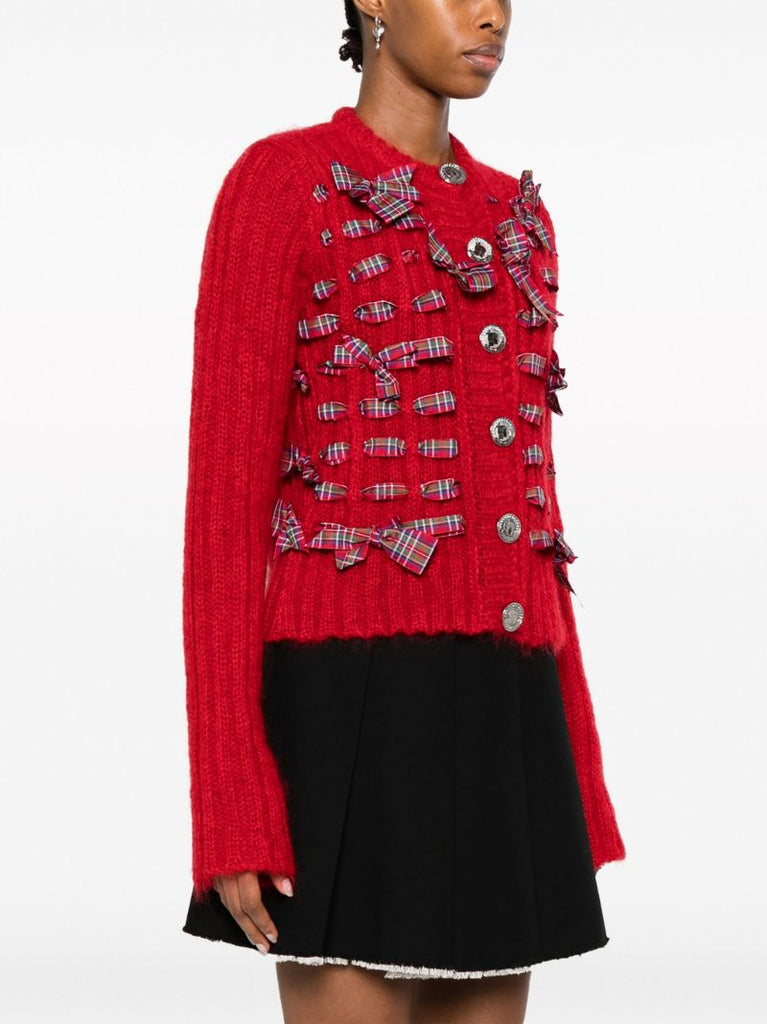 Red Bow-detailing Ribbed Cardigan