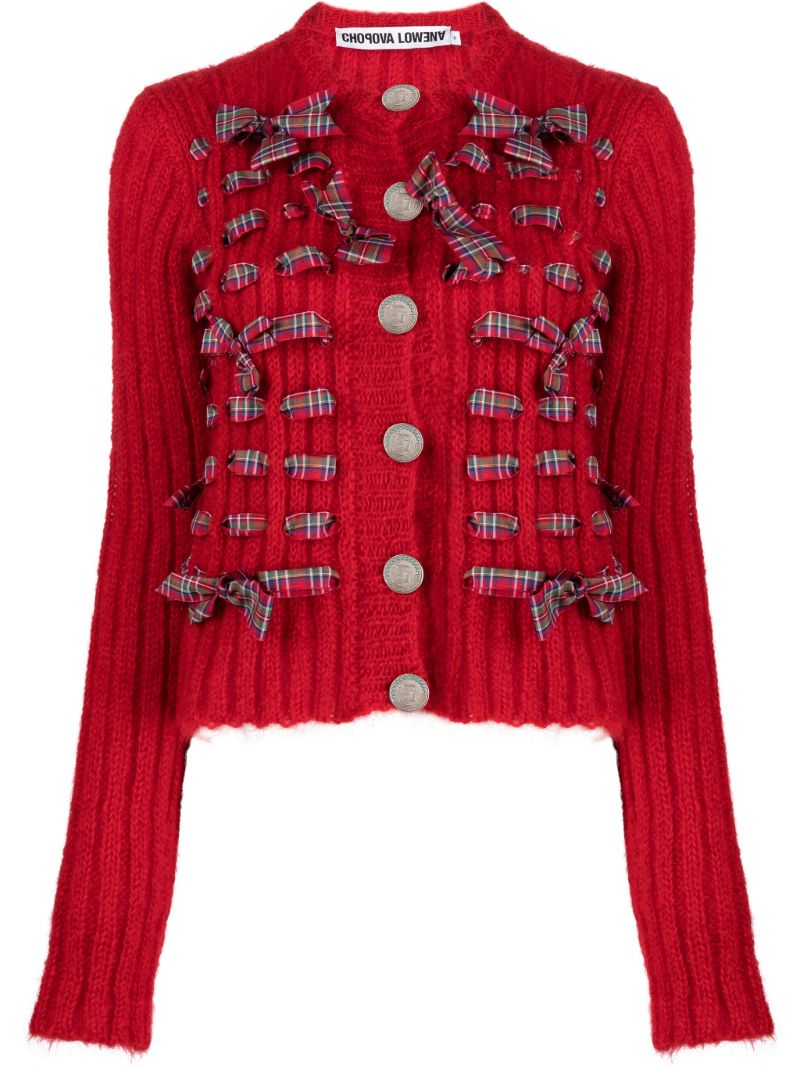 Red Bow-detailing Ribbed Cardigan