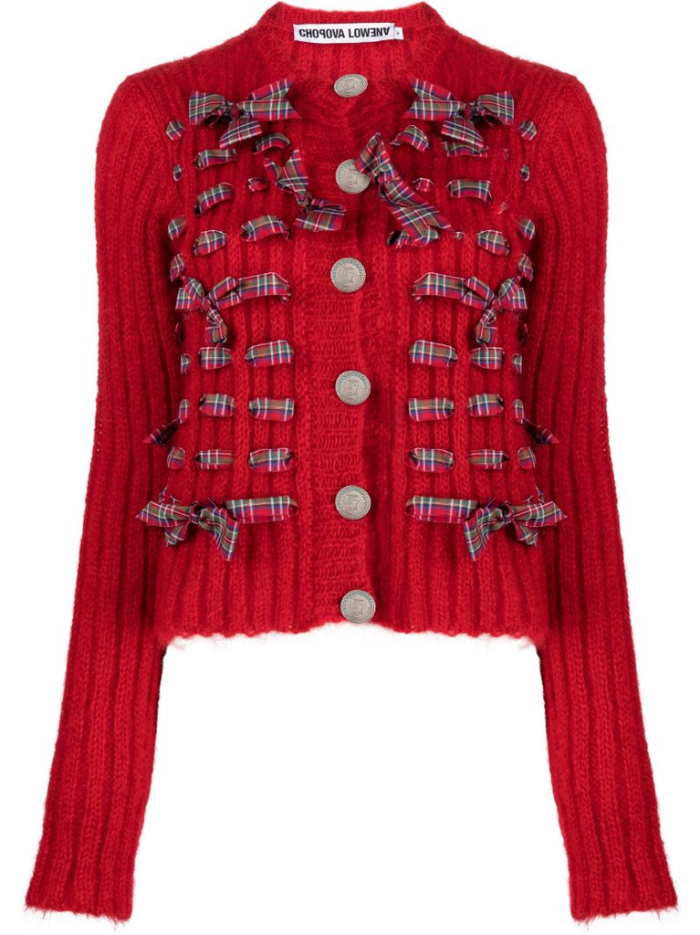 Red Bow-detailing Ribbed Cardigan