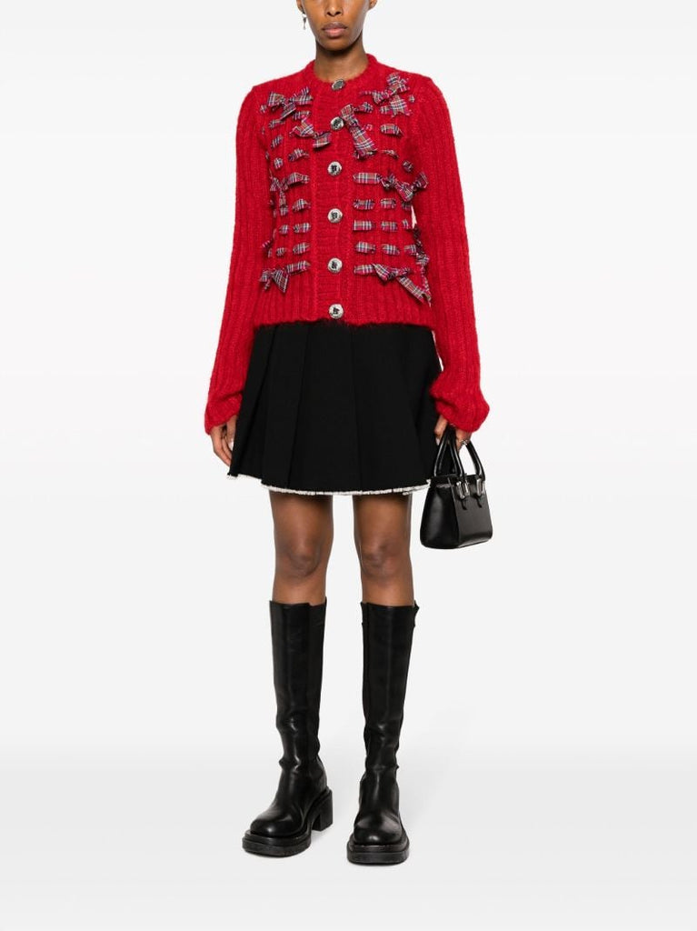 Red Bow-detailing Ribbed Cardigan