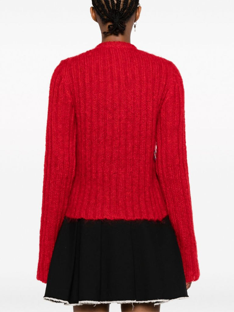 Red Bow-detailing Ribbed Cardigan