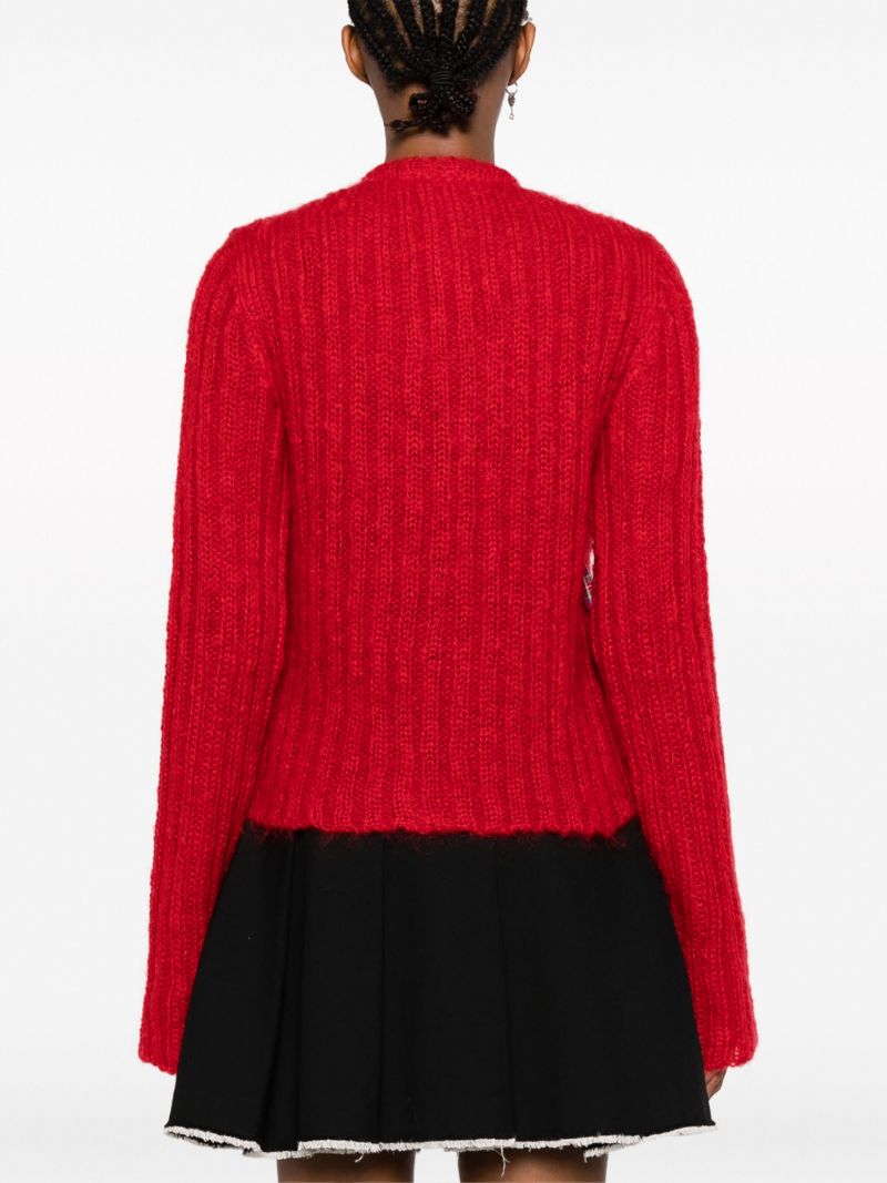 Red Bow-detailing Ribbed Cardigan