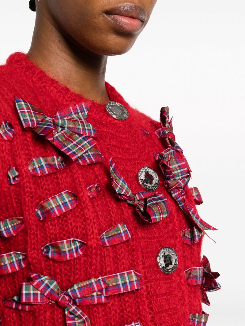 Red Bow-detailing Ribbed Cardigan