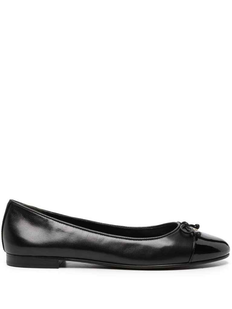 Black Bow-embellished Leather Ballerina Shoes