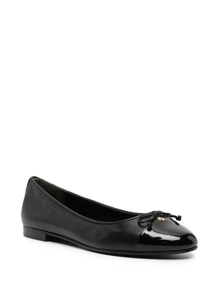 Black Bow-embellished Leather Ballerina Shoes