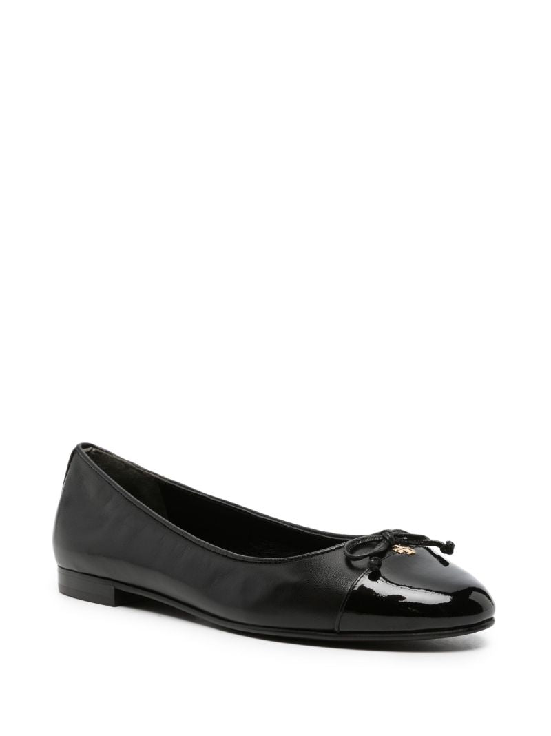 Black Bow-embellished Leather Ballerina Shoes