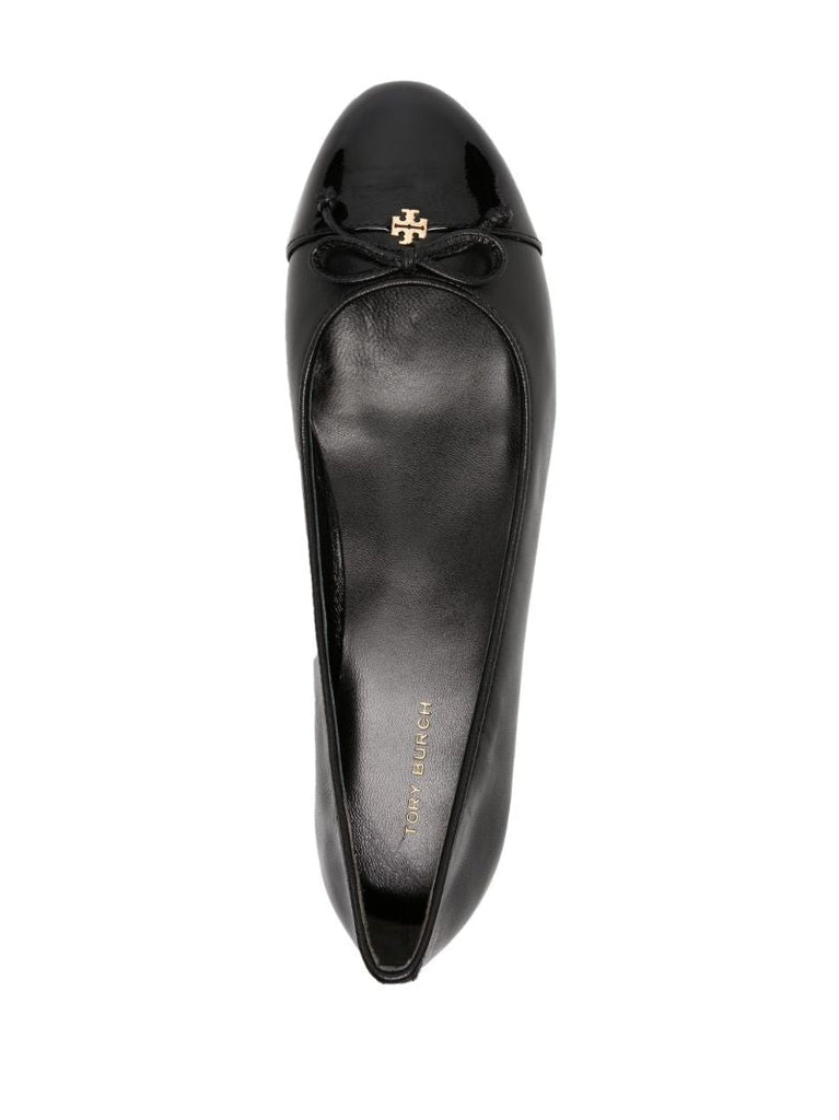 Black Bow-embellished Leather Ballerina Shoes