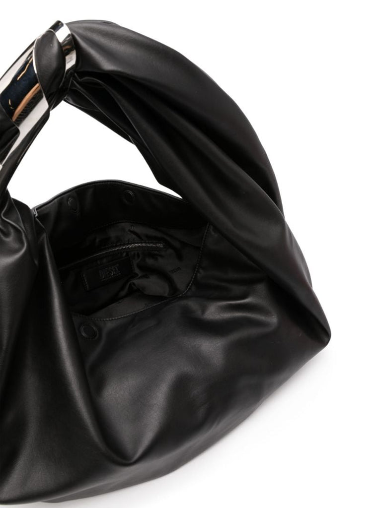 Black Metal Handle Leather Tote Bag
