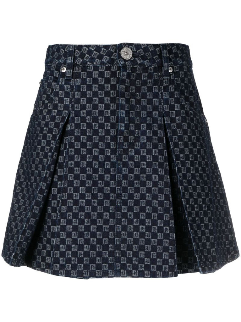 Blue Pleated Monogram-jacquard Denim Mini Skirt