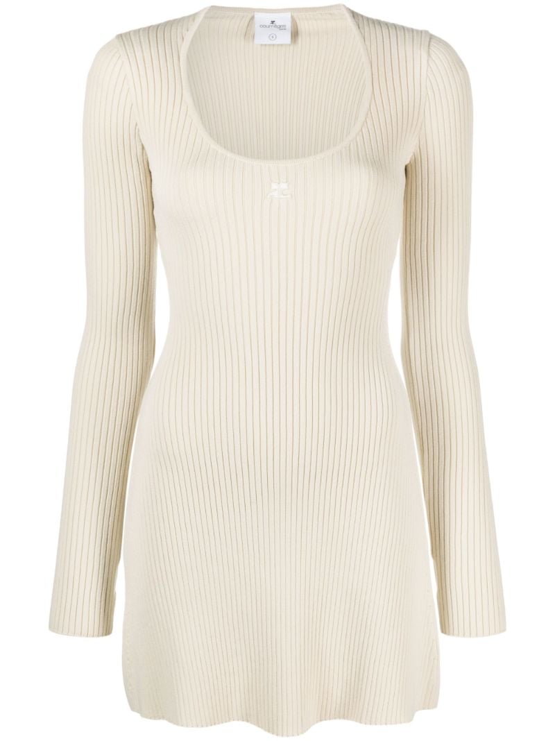 Neutral Ribbed-knit Mini Dress