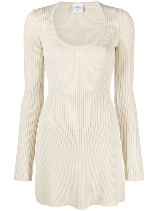 Neutral Ribbed-knit Mini Dress