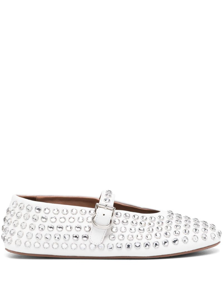 White Strass Crystal-embellished Leather Ballerina Shoes