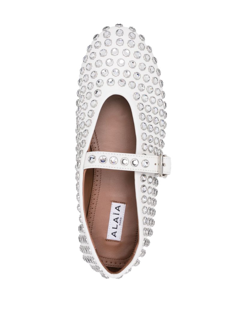 White Strass Crystal-embellished Leather Ballerina Shoes