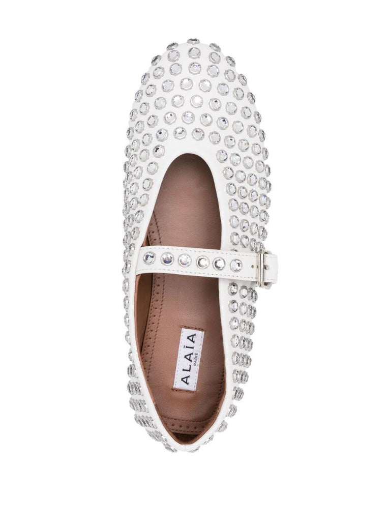 White Strass Crystal-embellished Leather Ballerina Shoes