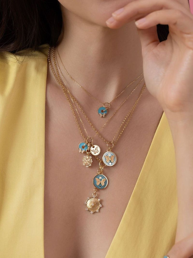 18k Yellow Gold Aqua Butterfly Disk Diamond Necklace