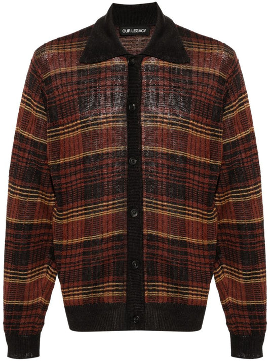 Black Checked Intarsia-knit Hemp Cardigan