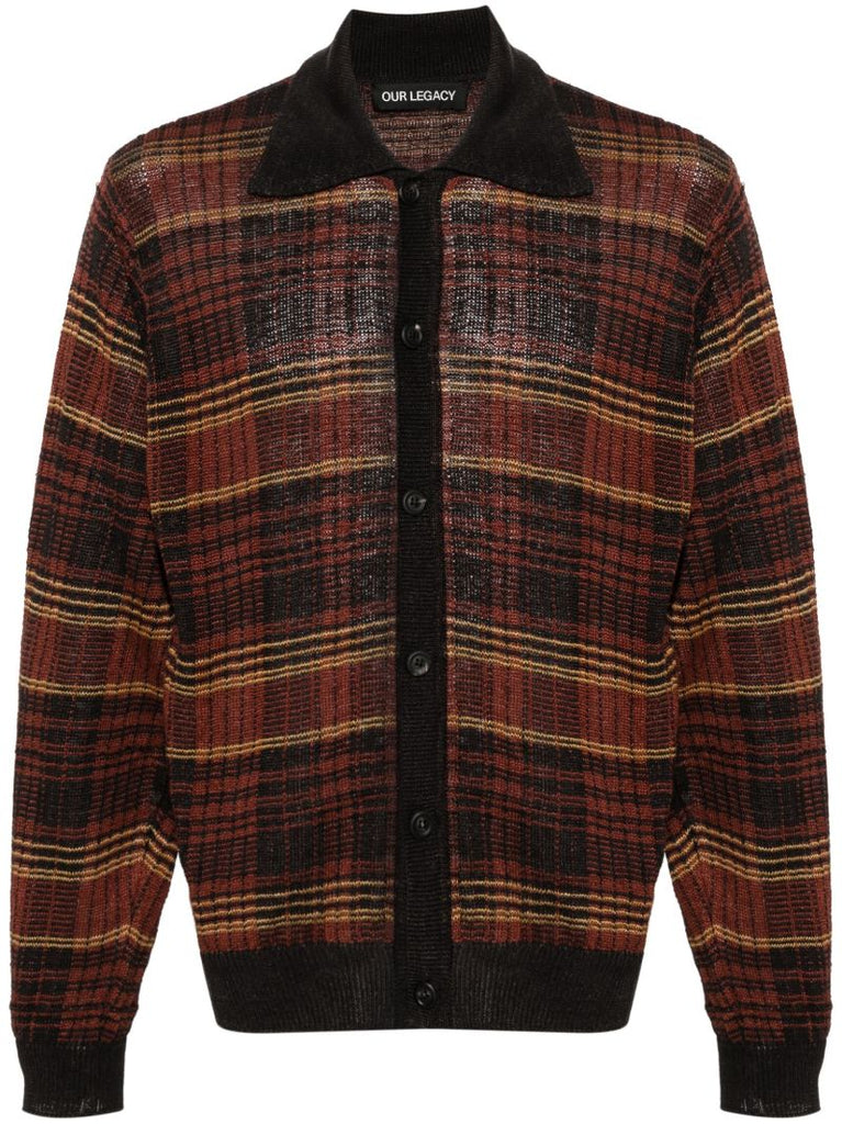 Black Checked Intarsia-knit Hemp Cardigan