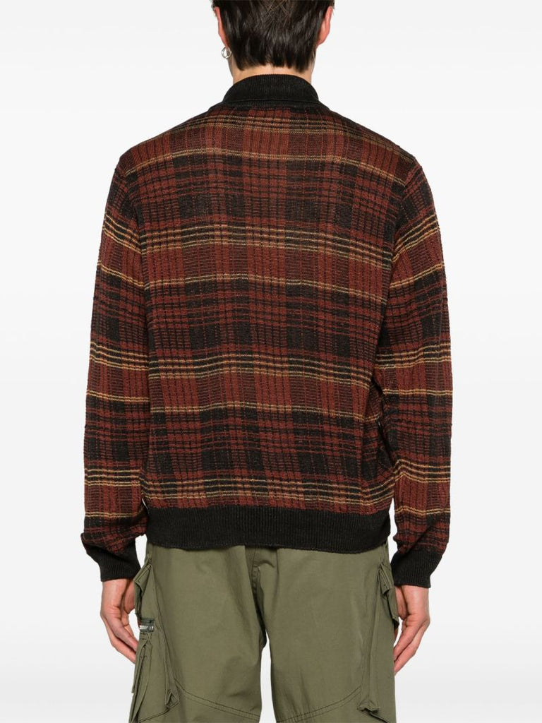 Black Checked Intarsia-knit Hemp Cardigan