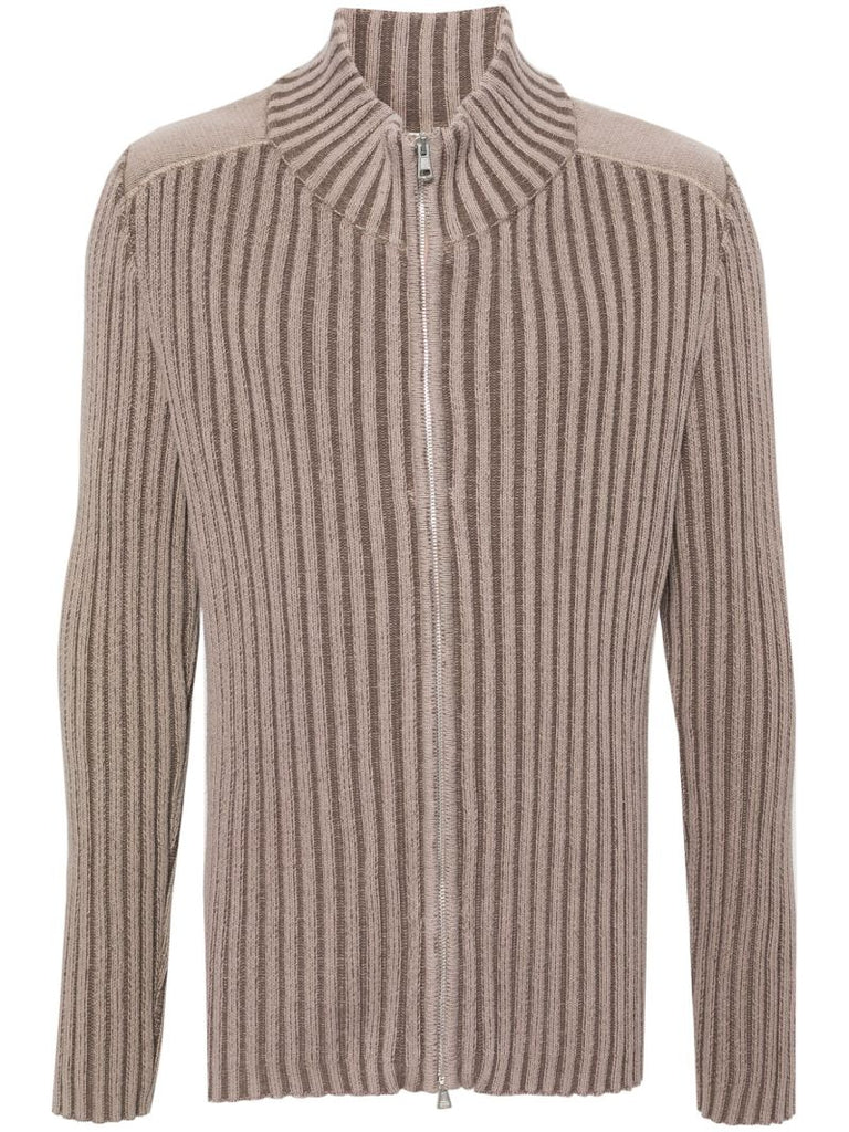 Neutral Ribbed-knit Zip-up Cardigan