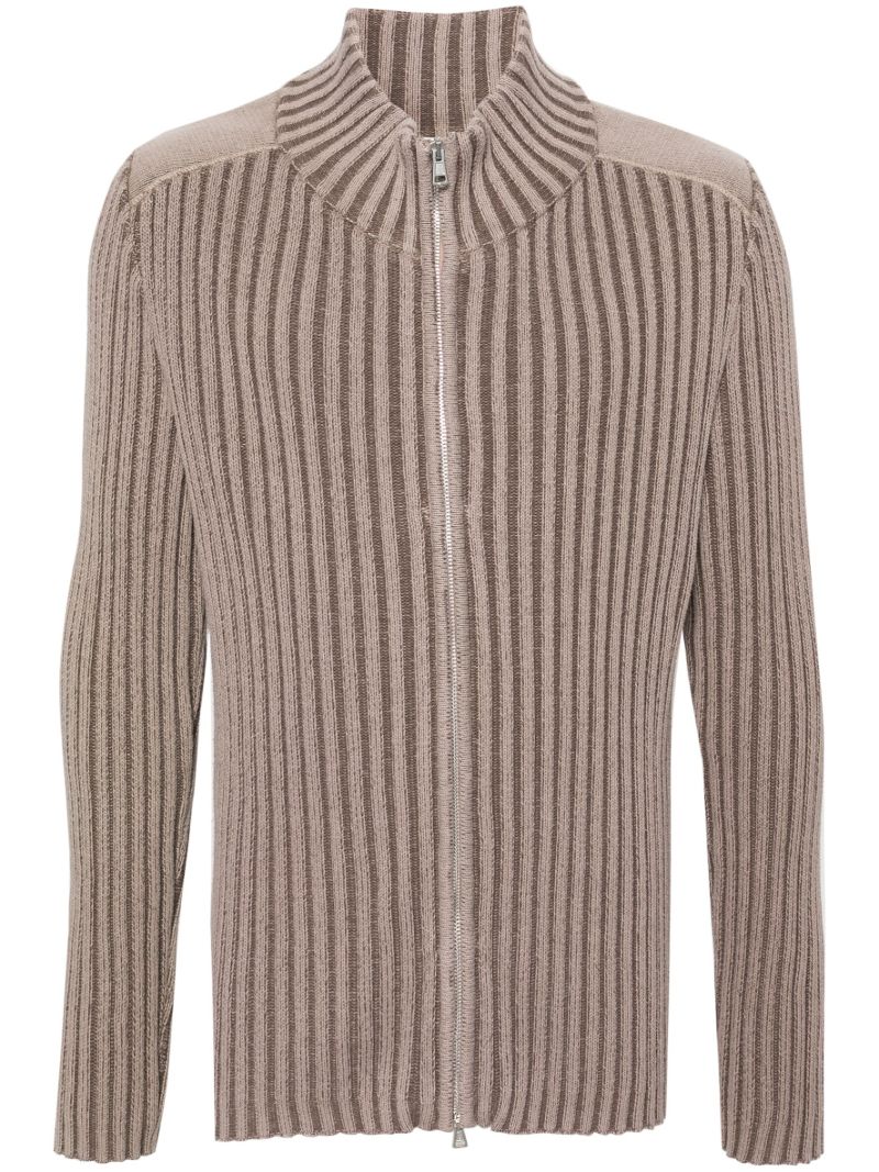 Neutral Ribbed-knit Zip-up Cardigan