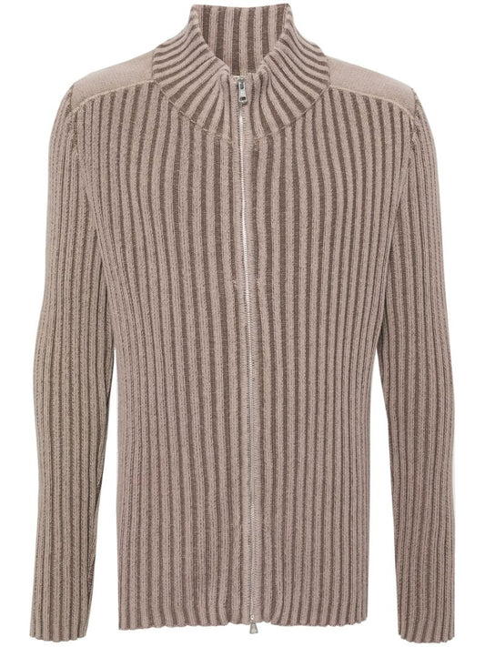 Neutral Ribbed-knit Zip-up Cardigan