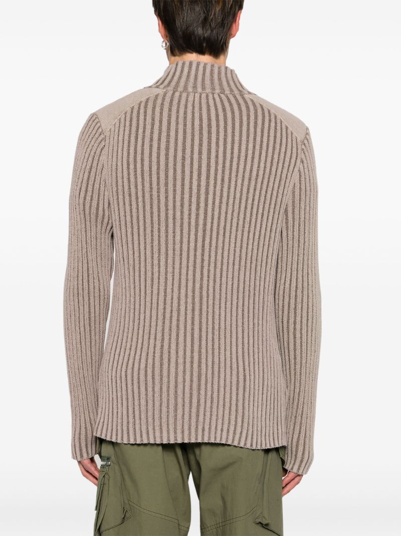 Neutral Ribbed-knit Zip-up Cardigan