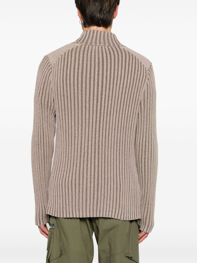 Neutral Ribbed-knit Zip-up Cardigan