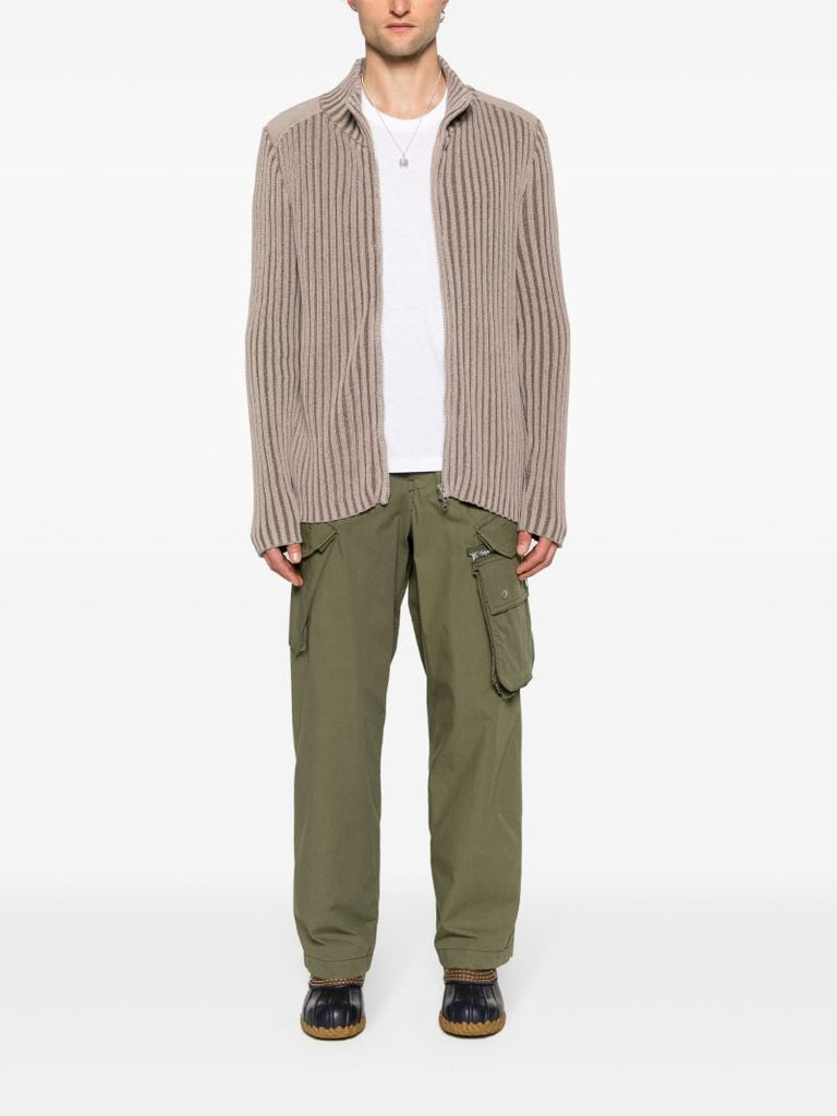 Neutral Ribbed-knit Zip-up Cardigan