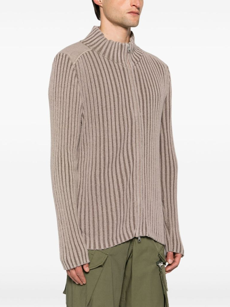 Neutral Ribbed-knit Zip-up Cardigan