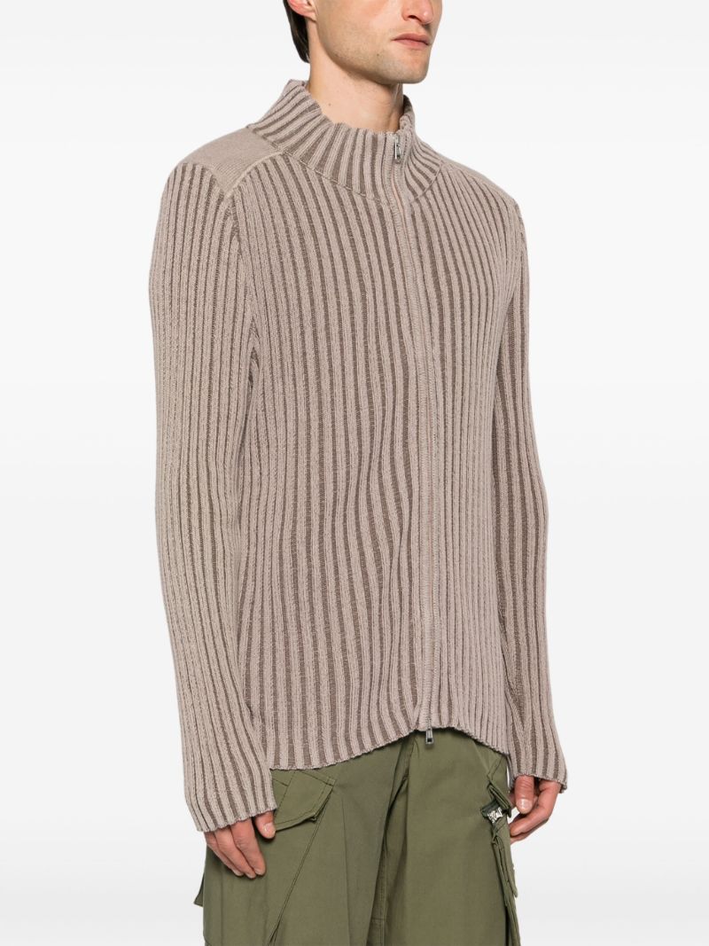 Neutral Ribbed-knit Zip-up Cardigan