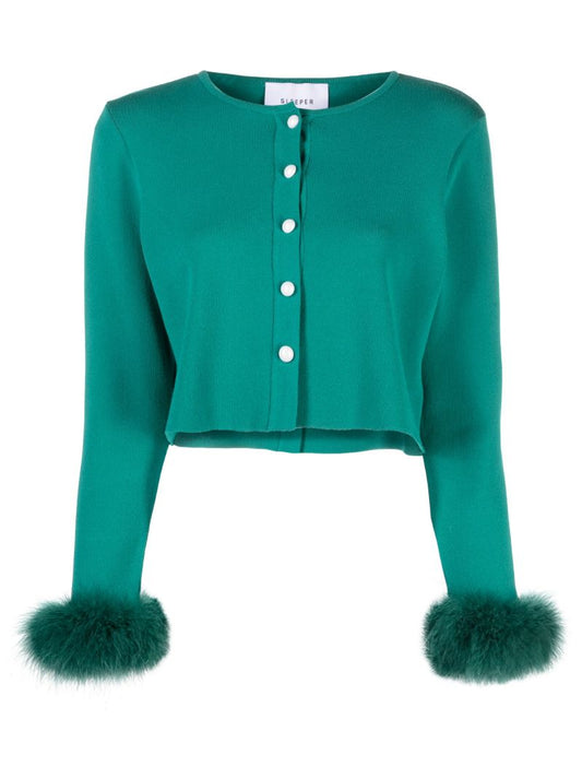 Green Detachable-feather Trim Cardigan