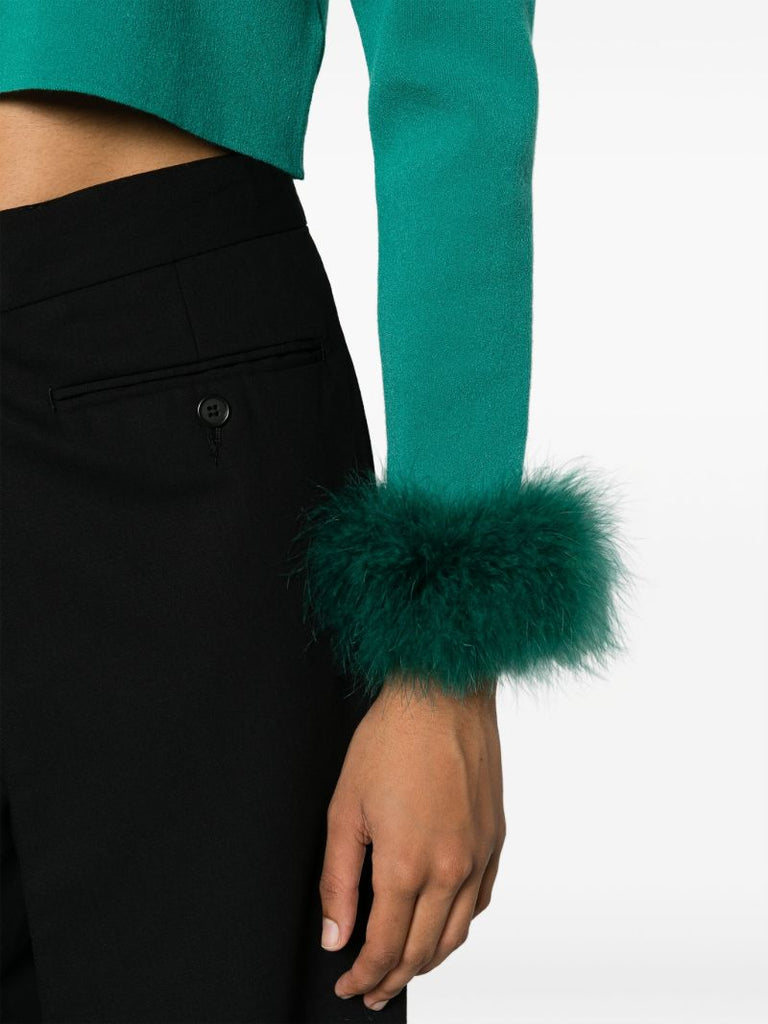 Green Detachable-feather Trim Cardigan