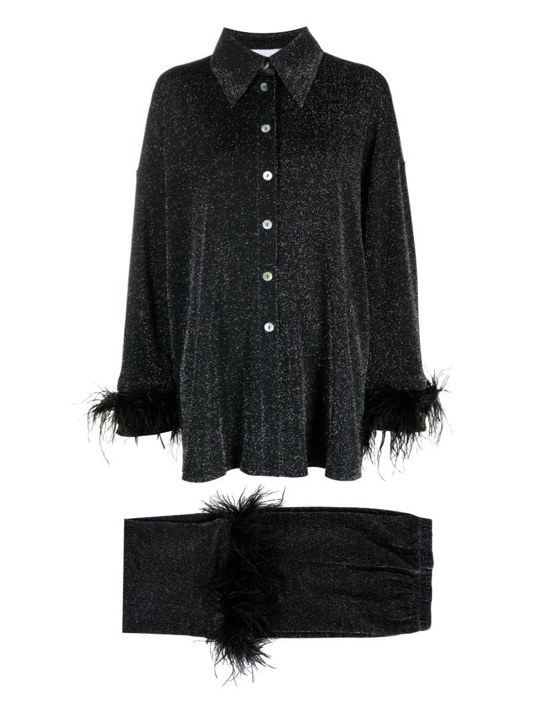 Black Cosmos Feather-trim Pyjamas