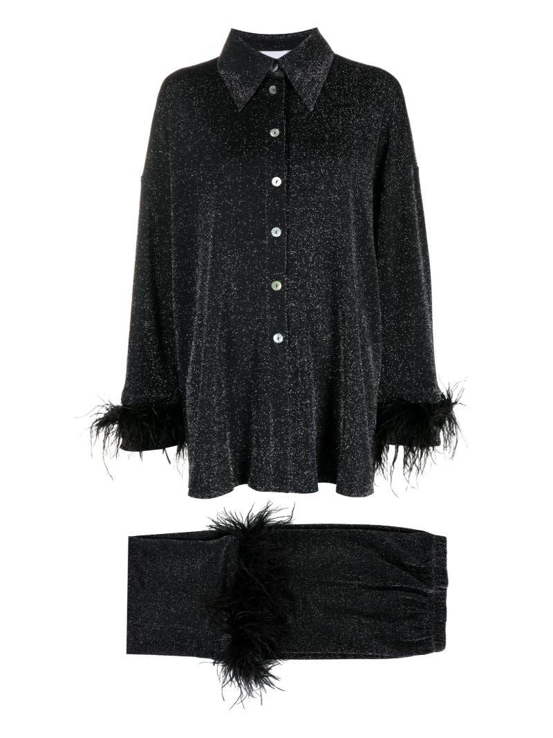 Black Cosmos Feather-trim Pyjamas