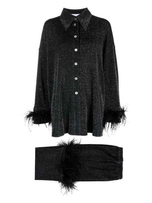 Black Cosmos Feather-trim Pyjamas