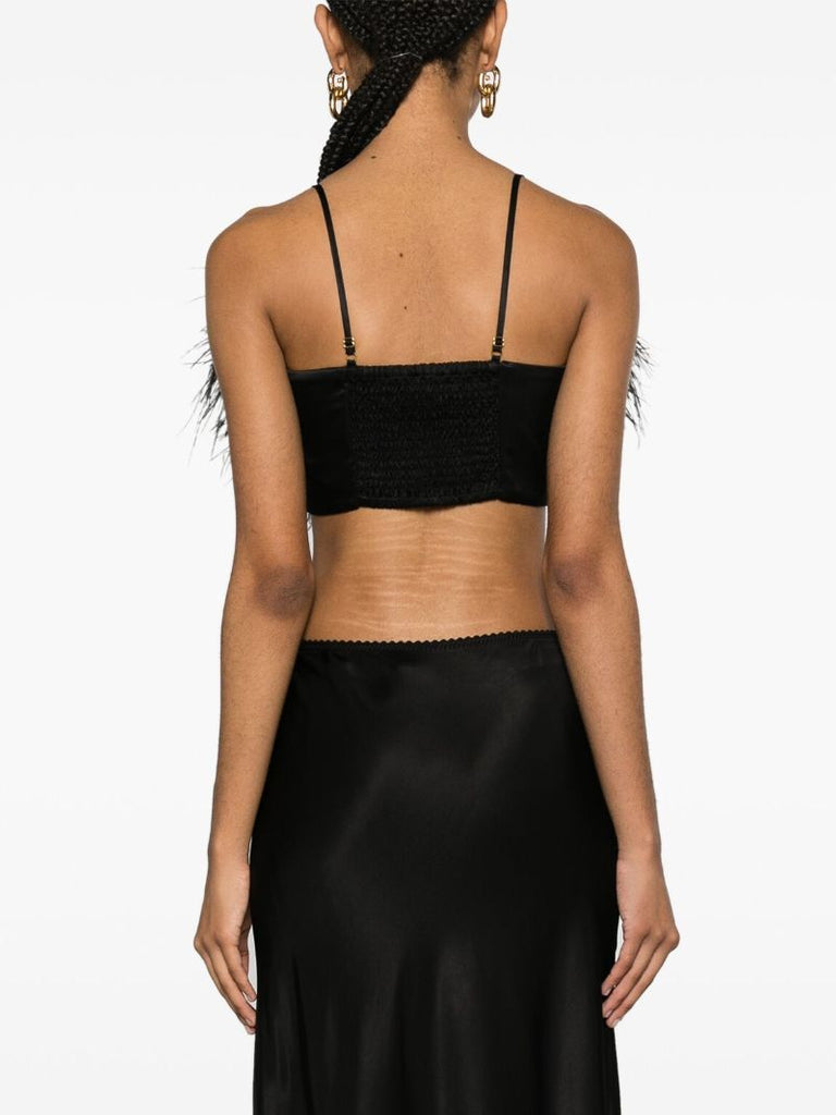 Black Boheme Feather-embellished Satin Crop Top