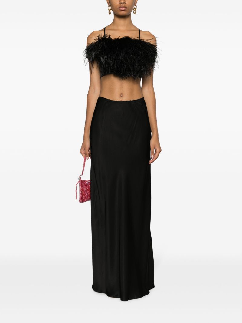 Black Boheme Feather-embellished Satin Crop Top