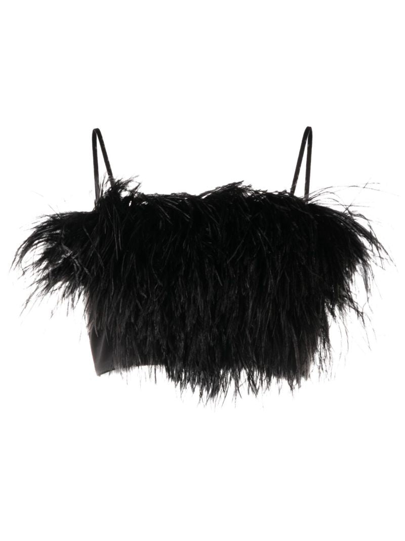 Black Boheme Feather-embellished Satin Crop Top
