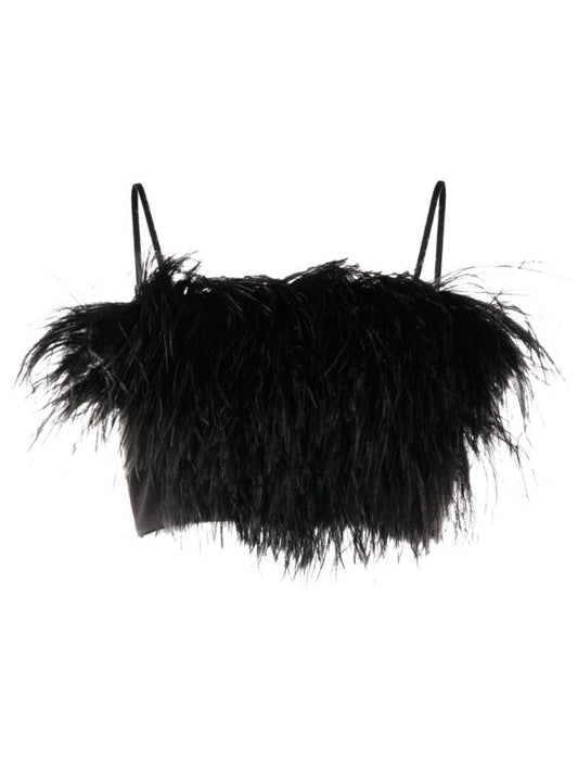 Black Boheme Feather-embellished Satin Crop Top