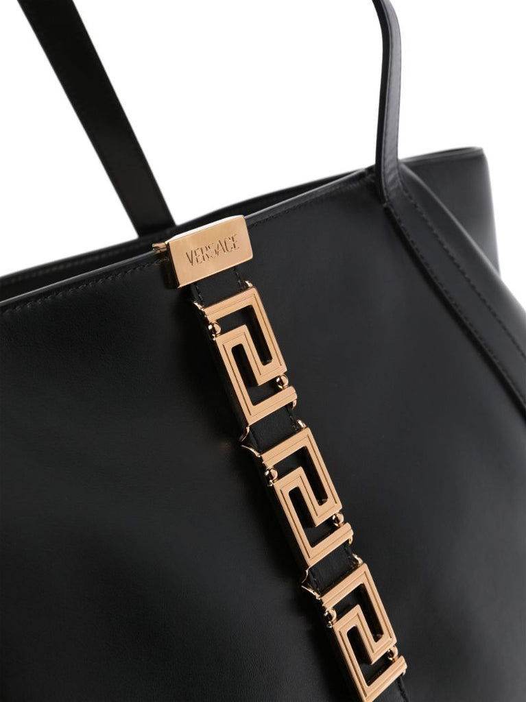 Black Large Greca Goddess Leather Tote Bag
