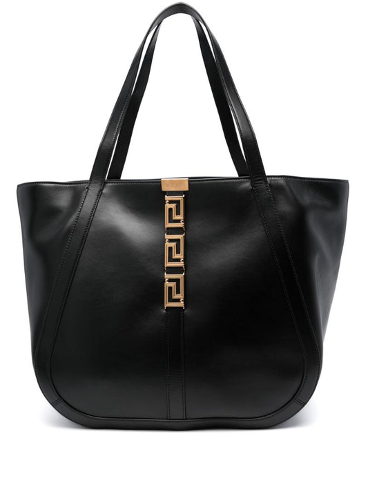Black Large Greca Goddess Leather Tote Bag